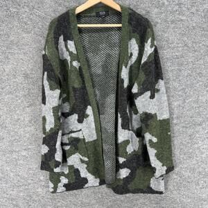 Modern Cardigan Women XL Gray Camouflage Open Front Knit Long Sleeve Pockets